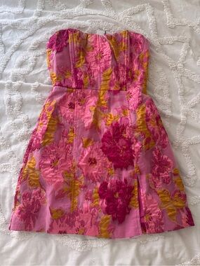 Floral Strapless Pink and Yellow Party Dress